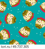 Cute vibrant hand drawn sweater with winter decoration and pom-poms seamless pattern. Colorful holiday vector illustration on blue background. Vibrant repeat design. . Стоковая иллюстрация, агентство Ingram Publishing / Фотобанк Лори
