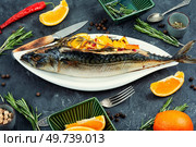 Whole mackerel or scomber fish baked with oranges and rosemary served on a stylish plate.. Mackerel baked with oranges. Стоковое фото, агентство Ingram Publishing / Фотобанк Лори