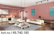 Modern living room with pink walls, wooden floor, white sofas and coffee table. 3d rendering. Modern living room with pink walls, Стоковое фото, агентство Ingram Publishing / Фотобанк Лори