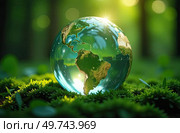Glass glowing sphere of planet Earth in forest is a ball with an internal microclimate, a clean environment, protecting the ecology of the planet. AI generated. Стоковое AI-изображение, AI-художник Ольга Симонова / Фотобанк Лори
