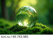 Glass glowing sphere of planet Earth in forest is a ball with an internal microclimate, a clean environment, protecting the ecology of the planet. AI generated. Стоковое AI-изображение, AI-художник Ольга Симонова / Фотобанк Лори