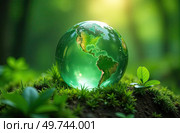 Glass glowing sphere of planet Earth in forest is a ball with an internal microclimate, a clean environment, protecting the ecology of the planet. AI generated. Стоковое AI-изображение, AI-художник Ольга Симонова / Фотобанк Лори
