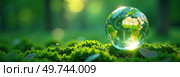 Glass glowing sphere of planet Earth in forest is a ball with an internal microclimate, a clean environment, protecting the ecology of the planet. AI generated. Стоковое AI-изображение, AI-художник Ольга Симонова / Фотобанк Лори