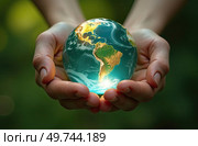 Glass glowing sphere of planet Earth In palms of hands is a ball with internal microclimate, caring for planet, clean environment, protecting ecology, geography, continents, travel. AI generated. Стоковое AI-изображение, AI-художник Ольга Симонова / Фотобанк Лори