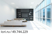 A living room with a white couch and two white chairs. A television is on a stand in the room. The room is very clean and well-organized. 3d rendering. A living room with a white couch and two white chairs. Стоковое фото, агентство Ingram Publishing / Фотобанк Лори