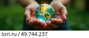Glass glowing sphere of planet Earth In palms of hands is a ball with internal microclimate, caring for planet, clean environment, protecting ecology, geography, continents, travel. AI generated. Стоковое AI-изображение, AI-художник Ольга Симонова / Фотобанк Лори