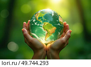 Glass glowing sphere of planet Earth In palms of hands is a ball with internal microclimate, caring for planet, clean environment, protecting ecology, geography, continents, travel. AI generated. Стоковое AI-изображение, AI-художник Ольга Симонова / Фотобанк Лори