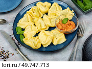 Tortellini with fresh basil leaves, Italian food or filled dumplings. Tortelli or tortelloni, Italian pasta, ravioli.. Tortelloni pasta, italian traditional pasta. Стоковое фото, агентство Ingram Publishing / Фотобанк Лори