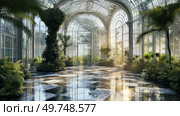 Lush greenery fills a sunlit conservatory with tropical plants and serene water features during a tranquil morning. Стоковое AI-изображение, AI-художник Михаил Коханчиков / Фотобанк Лори
