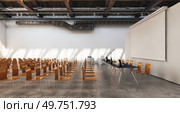 Rows of symmetrical yellow chairs are neatly arranged in a rectangular hall inside a building. 3d render. Symmetrical rows of yellow chairs in a hall, ready for an event. Стоковое фото, агентство Ingram Publishing / Фотобанк Лори