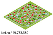 Map of the map of the cottage townhouse bungalow, residential, villa village in isometric 3D illustration view from above. View of streets, houses, plots for the construction and sale of real estate.. Map of the map of the cottage townhouse bungalow. Стоковая иллюстрация, агентство Ingram Publishing / Фотобанк Лори