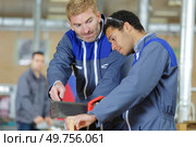 supervisor watching young trainee use a hand saw. Стоковое фото, агентство Ingram Publishing / Фотобанк Лори