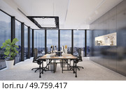 Modern office with panoramic city views and workstations. 3D render. Modern office with panoramic city views. Стоковое фото, агентство Ingram Publishing / Фотобанк Лори