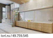 Minimalist kitchen with industrial design and open space. 3d render. Minimalist kitchen with industrial design. Стоковое фото, агентство Ingram Publishing / Фотобанк Лори