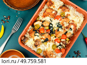 Roasted turkey fillet or breast with appetizing rice.. Turkey fillet with rice and cheese. Стоковое фото, агентство Ingram Publishing / Фотобанк Лори