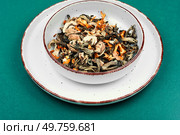A collection of dried wild mushrooms, dried mushroom slices.. A collection of dried wild mushrooms. Стоковое фото, агентство Ingram Publishing / Фотобанк Лори
