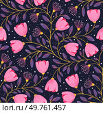 A whimsical and enchanting seamless pattern featuring delicate pink flowers, swirling golden vines, and shimmering stardust against a deep blue backdrop. This pattern evokes a sense of tranquility and wonder, perfect for adding a touch of elegance to any design project.. Purple Floral Dream. Стоковое фото, агентство Ingram Publishing / Фотобанк Лори