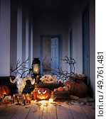Spooky Halloween scene with skulls, pumpkins, and candles. 3D render. Spooky Halloween scene with skulls, pumpkins, Стоковое фото, агентство Ingram Publishing / Фотобанк Лори