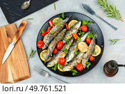 Oven baked fish sardines, with tomatoes, lemon and rosemary. Top view.. Whole roasted fish with lemon slices and herbs. Стоковое фото, агентство Ingram Publishing / Фотобанк Лори