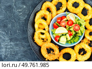 Fried squids or octopus (calamari) with fresh vegetable salad. Copy space.. Battered squid rings on plate. Стоковое фото, агентство Ingram Publishing / Фотобанк Лори