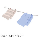Washed clothes, towels dry outside on stretched rope. Clothing and garment care, housekeeping concept. Professional cleaning of apparel. Drying laundry on clothesline isolated on white background. Washed clothes, towels with pins dry outside on stretched rope. Drying laundry on clothesline. Стоковая иллюстрация, агентство Ingram Publishing / Фотобанк Лори