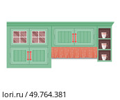 Kitchen furniture vector illustration. Comfortable furnishings and decorative accessories define kitchen interior Culinary settings, adorned with stylish decor, make kitchen cozy retreat Kitchen. Kitchen furniture. A well-equipped kitchen, with comfortable furnishings, becomes hub for creativity. Стоковая иллюстрация, агентство Ingram Publishing / Фотобанк Лори