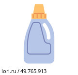 Blue plastic laundry detergent bottle with a yellow cap, featuring an ergonomic handle and curved design. Ideal for household use, displayed on a clean white background for product marketing.. Laundry detergent bottle with ergonomic design and screw-on cap, isolated on a white background. Стоковая иллюстрация, агентство Ingram Publishing / Фотобанк Лори