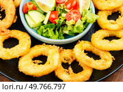 Fried squid rings breaded with fresh vegan salad. Close up.. Delicious golden calamari served with fresh salad. Стоковое фото, агентство Ingram Publishing / Фотобанк Лори