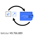 Illustration of a wallet with circuit design and two-way arrows. Great for concepts of digital transactions, cryptocurrency exchanges, financial technology, blockchain, and fintech branding.. Wallet with circuit design and two-way arrow. Concept of digital transactions and cryptocurrency exchanges. Стоковая иллюстрация, агентство Ingram Publishing / Фотобанк Лори