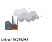 Illustration of a factory with multiple smokestacks emitting gray smoke, representing air pollution, environmental impact, industrial emissions, climate change, and sustainability concerns.. Industrial factory emitting smoke, symbolizes pollution, environmental issues, climate change. Стоковая иллюстрация, агентство Ingram Publishing / Фотобанк Лори