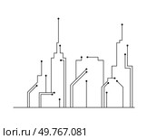 Black line illustration of a city skyline with circuit-like connections, symbolizing technology, smart cities, and urban networks. Suitable for tech themes and futuristic concepts.. City skyline with circuit connections, representing technology, smart cities, and urban networks. Стоковая иллюстрация, агентство Ingram Publishing / Фотобанк Лори