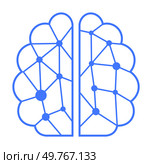 The image shows a brain divided into two hemispheres with interconnected nodes and lines, representing neural connections, AI, machine learning, and networking themes in a simplistic blue color.. Blue outlined brain with connected network nodes, symbolizing AI and neural connections. Стоковая иллюстрация, агентство Ingram Publishing / Фотобанк Лори