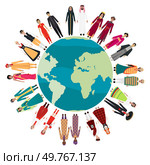 People in traditional dress from different regions standing around a world map. For cultural diversity, global unity, tradition, multiculturalism, world heritage, cultural representation, inclusion.. People in traditional attire from different regions around the globe surrounding a world map emphasizing unity. Стоковая иллюстрация, агентство Ingram Publishing / Фотобанк Лори