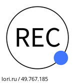 Black thin-lined circle with REC text in black, accompanied by a blue dot inside the circle. Ideal for recording, media, video, audio, and UI design themes.. Black Circle with REC Text and Blue Dot. Стоковая иллюстрация, агентство Ingram Publishing / Фотобанк Лори