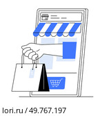A hand holding shopping bags emerges from a smartphone screen with a storefront, representing online shopping. Ideal for e-commerce, mobile shopping, online retail, digital marketing, and store apps.. Mobile Shopping with Hand Holding Shopping Bags from Smartphone Shop, Blue and White Design. Стоковая иллюстрация, агентство Ingram Publishing / Фотобанк Лори