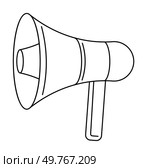 Simple black and white line drawing of a megaphone with a handle. Ideal for themes of communication, announcements, advertising, rallies, and public speaking.. Black and White Line Drawing of a Megaphone with Handle for Announcing, Cheering, and Communication Purposes. Стоковая иллюстрация, агентство Ingram Publishing / Фотобанк Лори