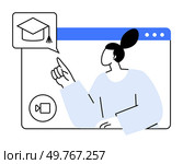 Female figure pointing at a graduation cap icon within a video call interface on a browser window. Ideal for education, online learning, webinars, virtual classrooms, e-learning platforms.. Woman Pointing at Graduation Icon in Video Call Interface with Blue Highlighted Browser Window. Стоковая иллюстрация, агентство Ingram Publishing / Фотобанк Лори