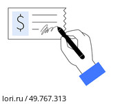 A hand with a blue sleeve is signing a financial document using a black pen. Ideal for finance, business, transactions, contracts, banking.. Hand Signing a Financial Document with Black Pen - Close-up View with Blue Sleeve. Стоковая иллюстрация, агентство Ingram Publishing / Фотобанк Лори