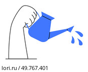 A hand holding a blue watering can with water droplets. Ideal for gardening, nurturing, sustainability, growth, and care. Minimalistic, clean, modern.. Hand Holding Blue Watering Can with Water Droplets - Concept of Growth and Care. Стоковая иллюстрация, агентство Ingram Publishing / Фотобанк Лори