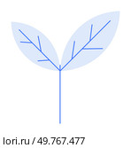 Two blue leaves branching from a central stem with simplistic vein details. Ideal for nature, growth symbolism, organic products, eco-friendly themes, botanical designs. Clean lines, minimalistic. Minimalistic Blue and White Leaf Stem with Symmetric Leaf Pattern. Стоковая иллюстрация, агентство Ingram Publishing / Фотобанк Лори