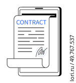 Tablet displaying signed contract, emphasizing digital agreements. Ideal for legal services, business deals, remote work, electronic signatures, and modern communication. Flat, clean outline.. Digital Contract Signing Process Highlighted on a Tablet Screen. Стоковая иллюстрация, агентство Ingram Publishing / Фотобанк Лори