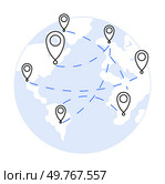 Map with location markers connected by dashed lines on a globe. Ideal for themes of global connectivity, logistics, travel, networking, and international business. Minimalist vector style.. Global Connection Concept with Location Markers and Dashed Lines on Map. Стоковая иллюстрация, агентство Ingram Publishing / Фотобанк Лори