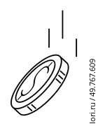 Coin with a dollar sign, falling with motion lines. Ideal for finance, investment, saving, economy, and commerce. Simple black and white, minimalistic style.. Falling Coin with Dollar Sign in Simple Black and White Design. Стоковая иллюстрация, агентство Ingram Publishing / Фотобанк Лори