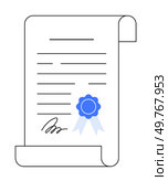 A rolled parchment with text lines, featuring a blue ribbon badge and a signature at the bottom. Ideal for award certificates, academic achievements, official documentations, recognitions, and ceremon. Abstract Vector Certificate Scroll with Blue Ribbon and Signature. Стоковая иллюстрация, агентство Ingram Publishing / Фотобанк Лори