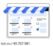 Online marketplace with a blue and white awning, product listings, heart icons, and a checkmark. Ideal for e-commerce, online shopping, web design, retail, and digital marketing visuals. Flat vector s. Online Marketplace with Product Listings and Storefront Awning. Стоковая иллюстрация, агентство Ingram Publishing / Фотобанк Лори