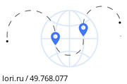 Two blue location pins on a globe with a dotted line connecting them, indicating travel or communication. Ideal for travel, logistics, global connectivity, navigation, and communication. Minimalist. Global Map with Location Pins and Dotted Travel Path Showing Connectivity. Стоковая иллюстрация, агентство Ingram Publishing / Фотобанк Лори