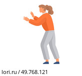 Woman stands with arms slightly outstretched and head turned, hair in ponytail. Dressed in orange sweater and light gray pants with blue shoes. Ideal for body language, emotions, mindfulness. Woman in Pensive Pose Wearing Orange Sweater and Light Gray Pants on White Background. Стоковая иллюстрация, агентство Ingram Publishing / Фотобанк Лори