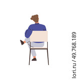 A person sits on a chair, facing away, in a relaxed pose wearing casual clothes. Ideal for lifestyle, comfort themes, introspection, solitude, casual living, modern life, simplicity. Minimalist. Person Seated on Chair Facing Backward with Relaxed Posture. Стоковая иллюстрация, агентство Ingram Publishing / Фотобанк Лори