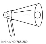 A simple black and white outline of a megaphone with a handle. Ideal for themes of communication, marketing, announcements, alerts, and promotions. Simple line art style.. Outline Vector Megaphone Symbol Representing Communication and Announcements. Стоковая иллюстрация, агентство Ingram Publishing / Фотобанк Лори