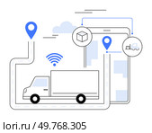 Truck with GPS markers, WiFi signal, package, and digital device for tracking deliveries. Ideal for e-commerce, logistics, real-time tracking, technology, and courier services. Simple vector style.. Smart Logistics and Delivery System with Real-Time Tracking and Connectivity. Стоковая иллюстрация, агентство Ingram Publishing / Фотобанк Лори
